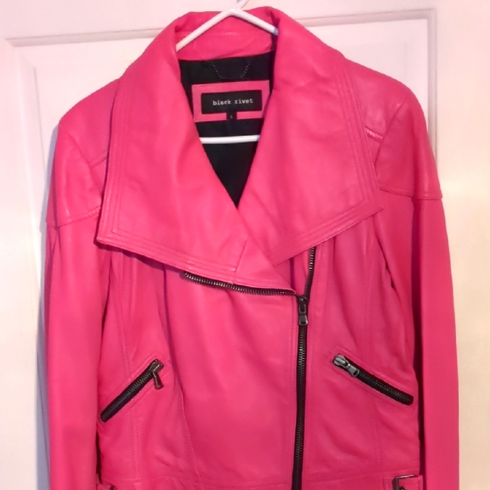 Black Rivet Pink Leather Biker Jacket